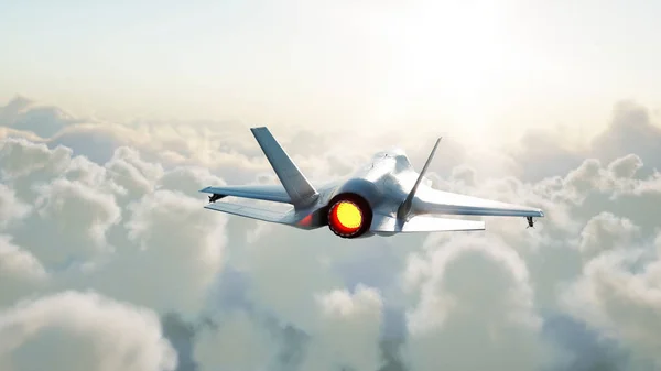 Jet, caza volando sobre las nubes. Guerra y concepto de armas. renderizado 3d . — Foto de Stock