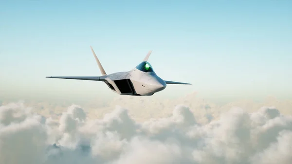 구름을 통해 비행 하는 제트, 파이터. 전쟁과 무기 개념입니다. 3 차원 렌더링. — 스톡 사진
