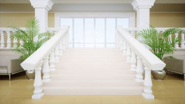 Lüks büyük beyaz mermer merdiven tiyatro. Saray salonu. 3D render.