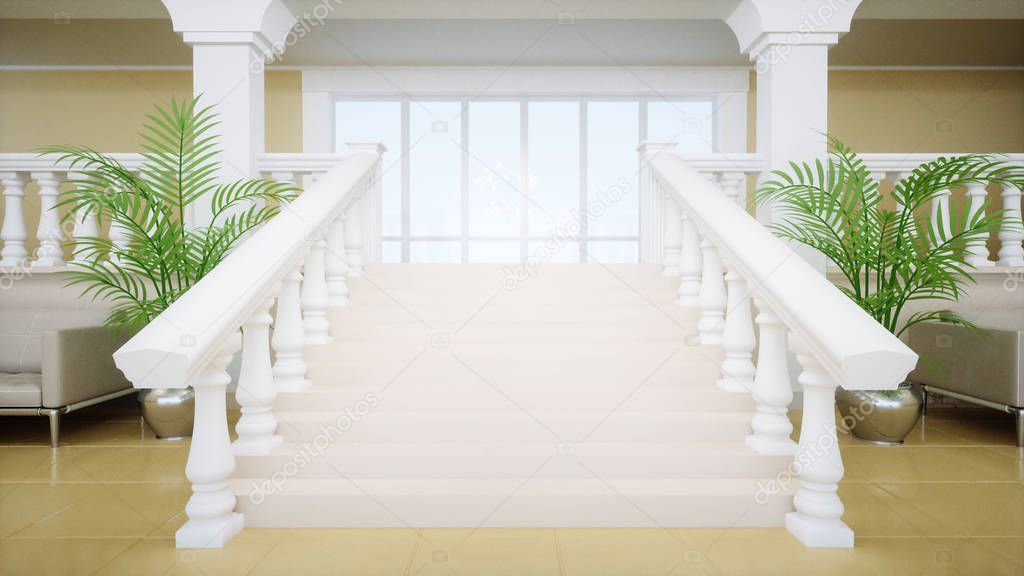 Luxury large white marble staircase of theatre. Hall of the palace. 3d rendering.