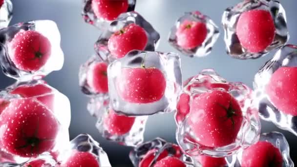 Tomatoes rotate in ice cubes. Food and broadcast concept. Realistic ice materials. 4K animation. — Stock Video