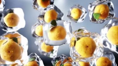 Portakal buz küpleri içinde döndürün. Gıda ve yayın kavramı. Gerçekçi buz malzemeler. 4 k animasyon.