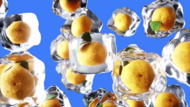 Πορτοκάλια περιστρέφονται με παγάκια. Φαγητό και εκπομπή έννοια. Ρεαλιστική πάγου υλικά. Να απομονώσουμε την πράσινη οθόνη. 4 k κινούμενα σχέδια. — Αρχείο Βίντεο