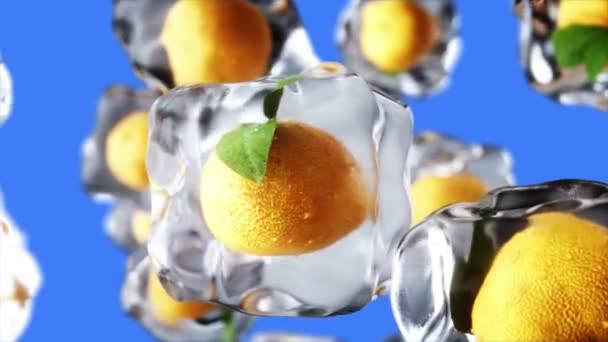 Sinaasappelen draaien in ijsblokjes. Voedsel en uitzending concept. Realistische ijs materialen. Isoleren op groen scherm. 4 k-animatie. — Stockvideo