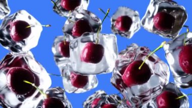 Kiraz buz küpleri içinde döndürün. Gıda ve yayın kavramı. Gerçekçi buz malzemeler. 4 k animasyon. yeşil ekran.