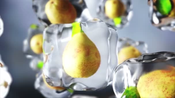 La pera rota en cubitos de hielo. Comida y concepto de difusión. Materiales de hielo realistas. Animación 4K . — Vídeos de Stock