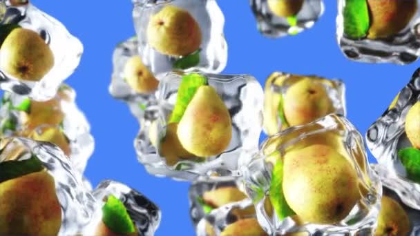 Pear rotate in ice cubes. Food and broadcast concept. Realistic ice materials. 4K animation. Green screen. — Stock Video