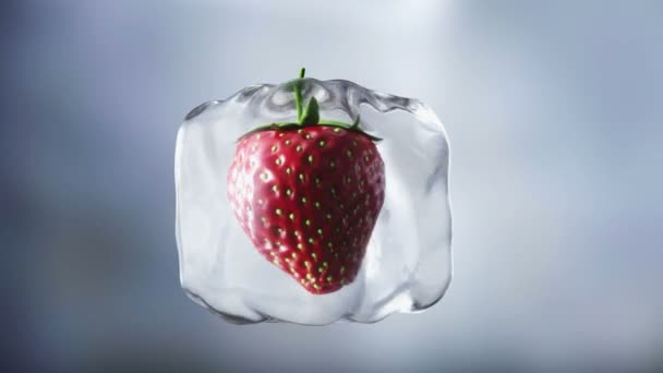 草莓在冰块中旋转。食物和广播的概念。现实的冰材料。4 k 动画. — 图库视频影像