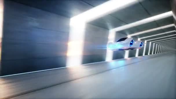 Futuristic flying car fast driving in sci fi tunnel, coridor. Concept of future. Animation is loopable. — Stock Video