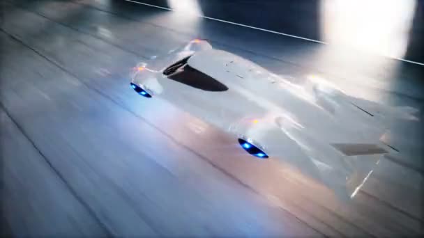 Futuristic flying car fast driving in sci fi tunnel, coridor. Concept of future. Animation is loopable. — Stock Video