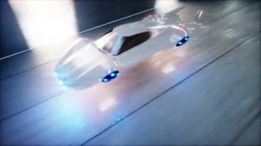 uçan araba sci fi tünelde, koridor sürüş hızlı fütüristik. Gelecek kavramı. Gerçekçi 4 k animasyon.