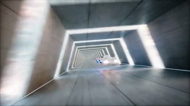 Coche volador futurista conducción rápida en túnel de ciencia ficción, corredor. Concepto de futuro. Animación realista 4k . — Vídeo de stock