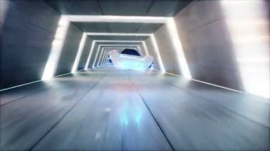 uçan araba sci fi tünelde, koridor sürüş hızlı fütüristik. Gelecek kavramı. Gerçekçi 4 k animasyon.