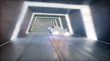 uçan araba sci fi tünelde, koridor sürüş hızlı fütüristik. Gelecek kavramı. Gerçekçi 4 k animasyon.
