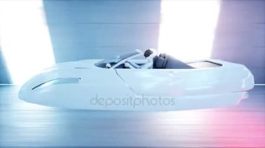 sci fi tünelde, koridor sürüş hızlı kadınla fütüristik uçan araba. Gelecek kavramı. Gerçekçi 4 k animasyon. Loopable.