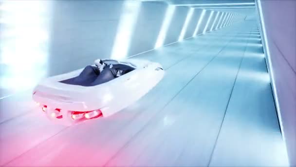 Futuriste voiture volante avec femme conduite rapide dans le tunnel de science-fiction, coridor. Concept d'avenir. Animation réaliste 4k. Loopable . — Video