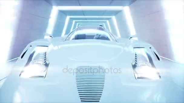 Carro voador futurista com mulher de condução rápida no túnel sci fi, coridor. Conceito de futuro. Animação 4k realista. Loopable . — Vídeo de Stock