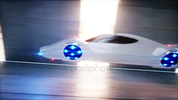 Футуристическая летающая машина быстро движется в научно-фантастическом туннеле, Коридор. Концепция будущего. Реалистичная анимация 4k . — стоковое видео