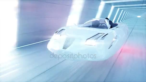 高速な sci fi トンネル、ヘラヘラのドライビングの女性と未来の空飛ぶ車。未来のコンセプトです。リアル 4 k アニメーション。単発. — ストック動画