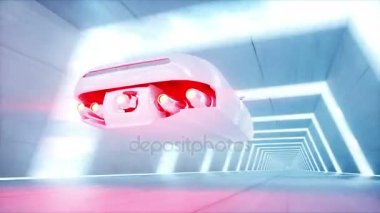 sci fi tünelde, koridor sürüş hızlı kadınla fütüristik uçan araba. Gelecek kavramı. Gerçekçi 4 k animasyon. Loopable.