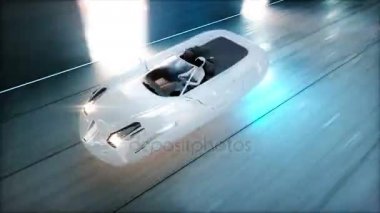 sci fi tünelde, koridor sürüş hızlı kadınla fütüristik uçan araba. Gelecek kavramı. Gerçekçi 4 k animasyon.