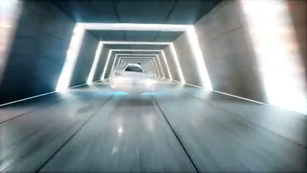 Futuristisches fliegendes Auto mit Frau am Steuer im Science-Fiction-Tunnel, Coridor. Zukunftskonzept. realistische 4k-Animation. — Stockvideo