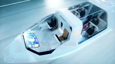 halklar sci fi tünelde, koridor sürüş hızlı ile fütüristik uçan otobüs. Gelecek kavramı. Gerçekçi 4 k animasyon. Loopable.