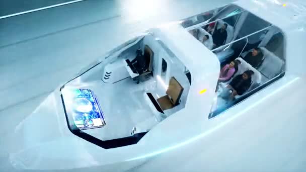 高速な sci fi トンネル、ヘラヘラのドライビングの人々 と未来の空飛ぶバス。未来のコンセプトです。リアル 4 k アニメーション。単発. — ストック動画