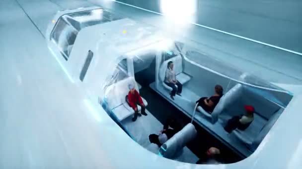 Futuristiska flygande buss med folk snabb körning i sci fi-tunneln, matgäster. Begreppet framtid. Realistisk 4 k animation. Loopable. — Stockvideo