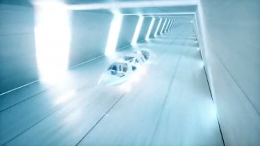 halklar sci fi tünelde, koridor sürüş hızlı ile fütüristik uçan otobüs. Gelecek kavramı. Gerçekçi 4 k animasyon. Loopable.