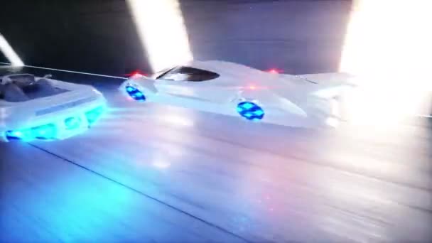 Futuristik yarış. arabalar sci fi tünelde, koridor sürüş hızlı uçan. Gelecek kavramı. Gerçekçi 4 k animasyon. — Stok video