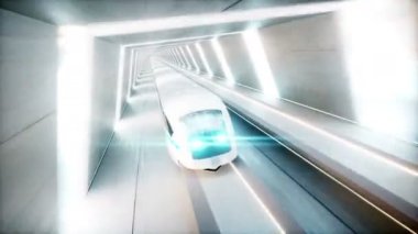 fütüristik modern tren, monoray sci fi tünelde, koridor sürüş hızlı. Gelecek kavramı. Gerçekçi 4 k animasyon.