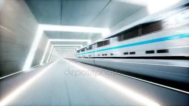 fütüristik modern tren, monoray sci fi tünelde, koridor sürüş hızlı. Gelecek kavramı. Gerçekçi 4 k animasyon.
