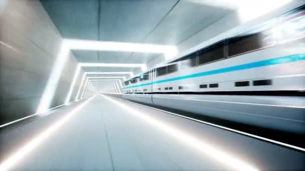 Футуристический современный поезд, монорельс быстро движется в научно-фантастическом туннеле, коридор. Концепция будущего. Реалистичная анимация 4k . — стоковое видео