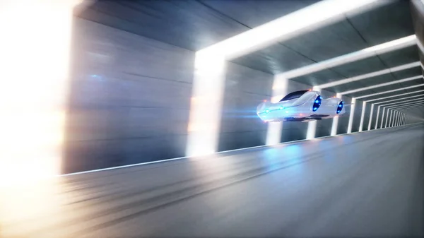 Футуристичний літаючий автомобіль швидко їде в науковому тунелі, коридор. Концепція майбутнього. 3D візуалізація . — стокове фото