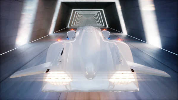 Futuristica macchina volante guida veloce in galleria fantascientifica, coridor. Concetto di futuro. rendering 3d . — Foto Stock
