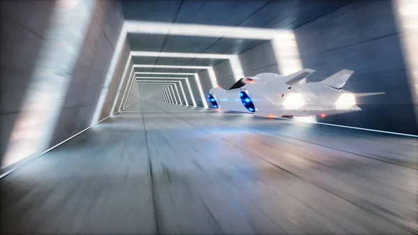 Futuriste voiture volante conduite rapide dans le tunnel de science-fiction, coridor. Concept d'avenir. Rendu 3d . — Photo