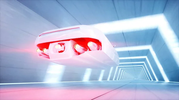 Coche volador futurista con mujer conducción rápida en túnel de ciencia ficción, coridor. Concepto de futuro. renderizado 3d . —  Fotos de Stock
