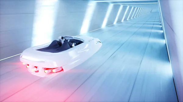 Carro voador futurista com mulher de condução rápida no túnel sci fi, coridor. Conceito de futuro. Renderização 3d . — Fotografia de Stock