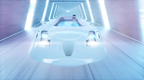 Futuristische vliegende auto met vrouw snel rijden in sci fi tunnel, coridor. Concept van de toekomst. 3D-rendering. — Stockfoto