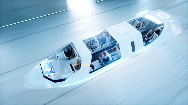 Bilim kurgu tünelinde hızlı giden insanlı fütürist bir otobüs, Coridor. Gelecek kavramı. 3d oluşturma. — Stok fotoğraf