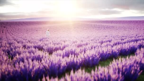 Astronauta con mariposas en el campo de lavanda. concepto de futuro. difusión. Animación realista 4k . — Vídeo de stock