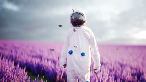 Astronaute avec des papillons dans un champ de lavande. concept d'avenir. diffusé. Animation réaliste 4k . — Video