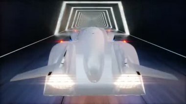 uçan araba sci fi tünelde, koridor sürüş hızlı fütüristik. Gelecek kavramı. Animasyon loopable.