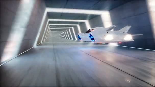 Футуристическая летающая машина быстро движется в научно-фантастическом туннеле, Коридор. Концепция будущего. Анимация маячит на горизонте . — стоковое видео