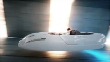 sci fi tünelde, koridor sürüş hızlı kadınla fütüristik uçan araba. Gelecek kavramı. Gerçekçi 4 k animasyon.