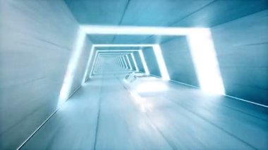 halklar sci fi tünelde, koridor sürüş hızlı ile fütüristik uçan otobüs. Gelecek kavramı. Gerçekçi 4 k animasyon.