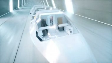 halklar sci fi tünelde, koridor sürüş hızlı ile fütüristik uçan otobüs. Gelecek kavramı. Gerçekçi 4 k animasyon.