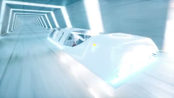 Futurista autobús volador con la gente de conducción rápida en túnel de ciencia ficción, coridor. Concepto de futuro. Animación realista 4k. Loopable . — Vídeos de Stock