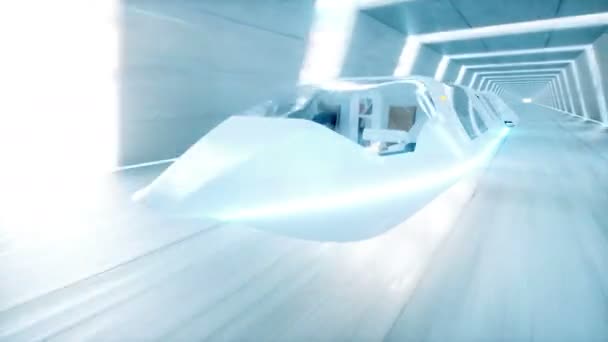 Futuristische vliegende bus met volkeren snel rijden in sci fi tunnel, coridor. Concept van de toekomst. Realistische animaties voor 4 k. Loopbare. — Stockvideo